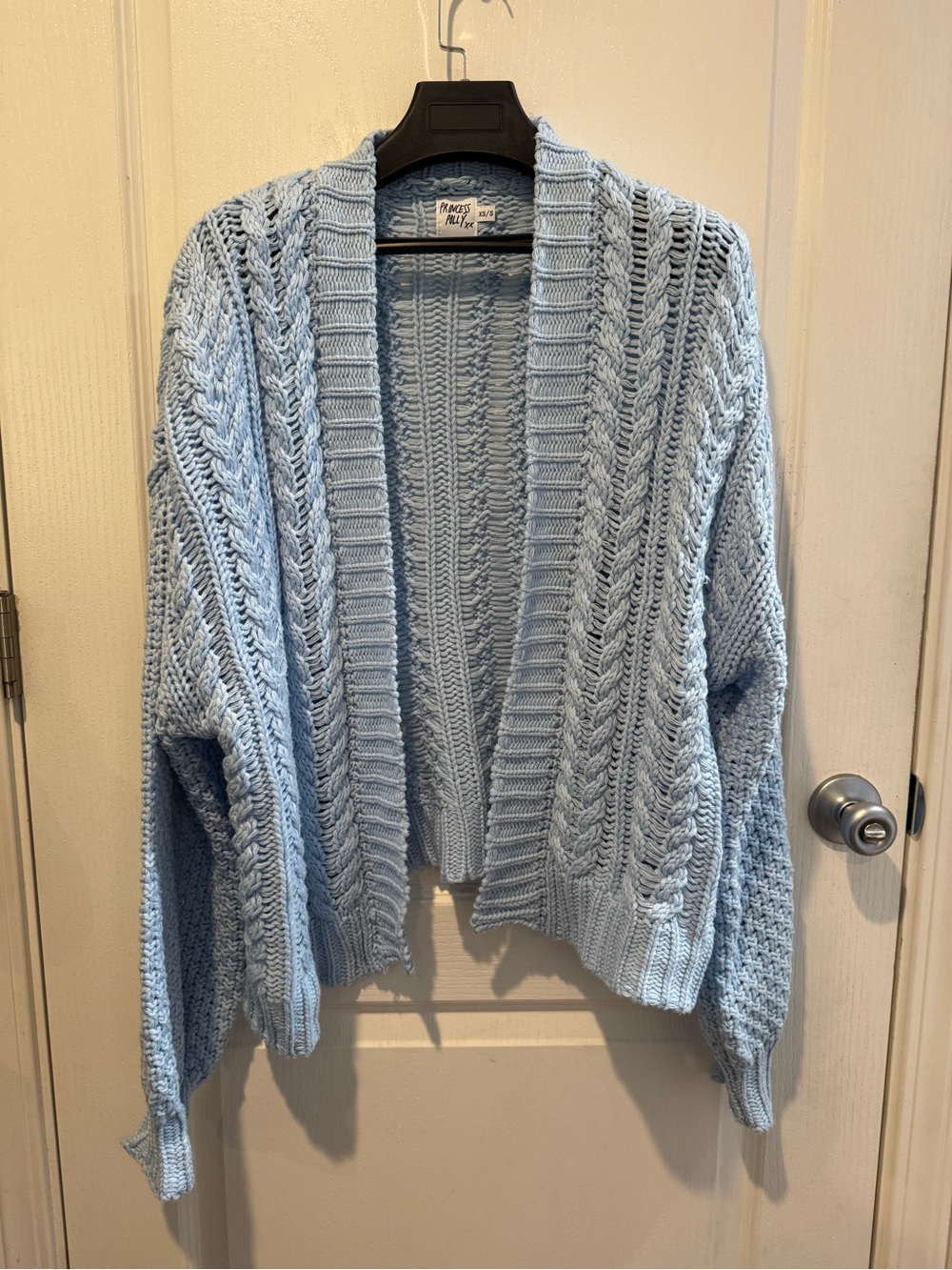 Princess Polly Pale Blue Open-Front Cable Knit Cardigan